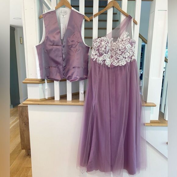 Azazie Noa Dress Wisteria with Men’s Matching Vest and Tie - Picture 1 of 15